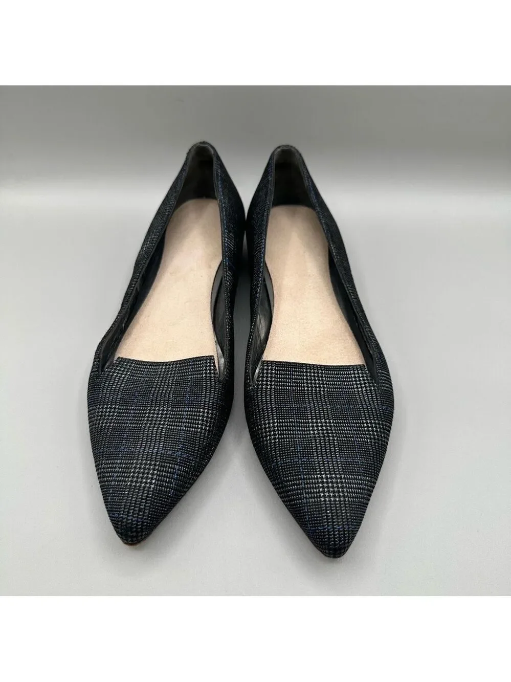 Stuart Weitzman Women Size 7.5 Rialto Plaid Shimmer Flats Gray Black Metallic